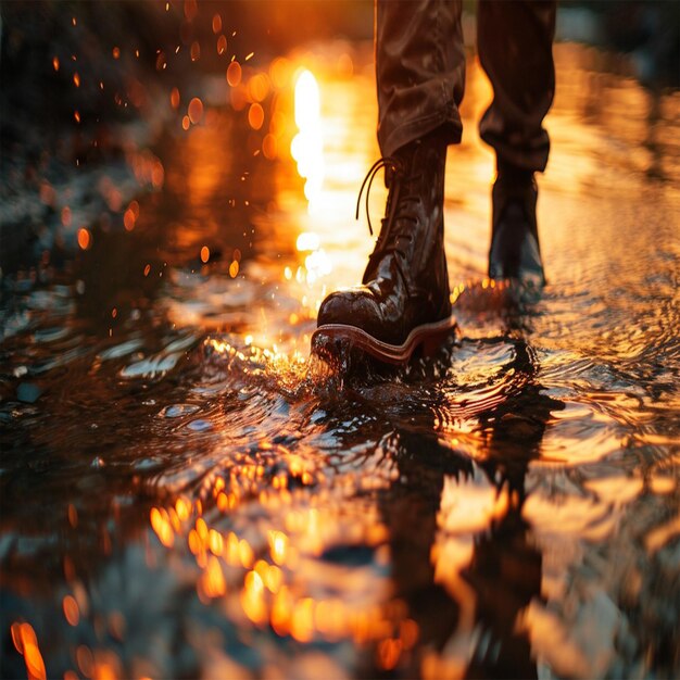 una persona che cammina nell'acqua con i suoi stivali sotto la pioggia