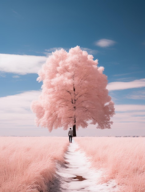 una persona che cammina sotto un albero rosa in un campo