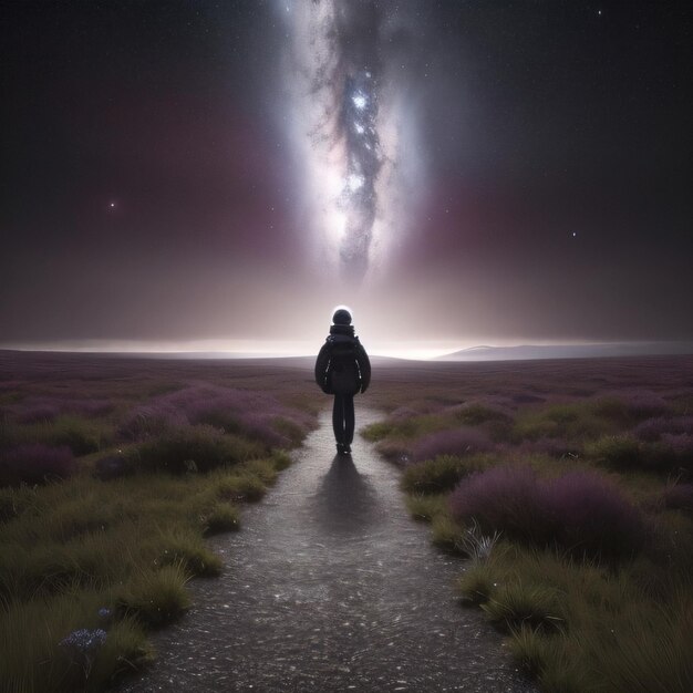 Una persona che cammina su un sentiero con la Via Lattea sullo sfondo.