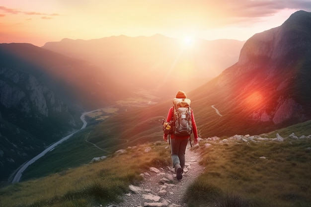 Una persona che cammina su un sentiero di montagna con il sole che splende sulla schiena