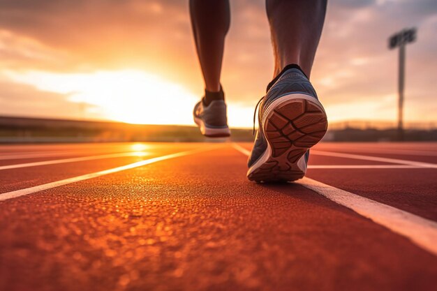 Una persona che cammina su una pista da corsa con il sole che tramonta dietro di loro