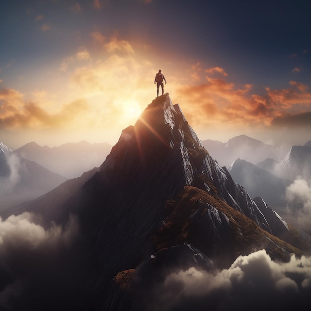 Una persona che conquista la vetta di una montagna che simboleggia il superamento dell'immagine generata dall'intelligenza artificiale