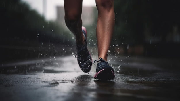 Una persona che corre sotto la pioggia con la parola correre sulle scarpe