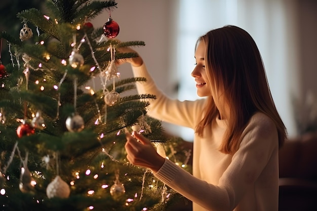 una persona che decora l'albero di Capodanno con ornamenti