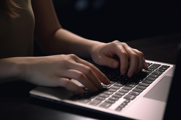 Una persona che digita sulla tastiera di un laptop al buio.