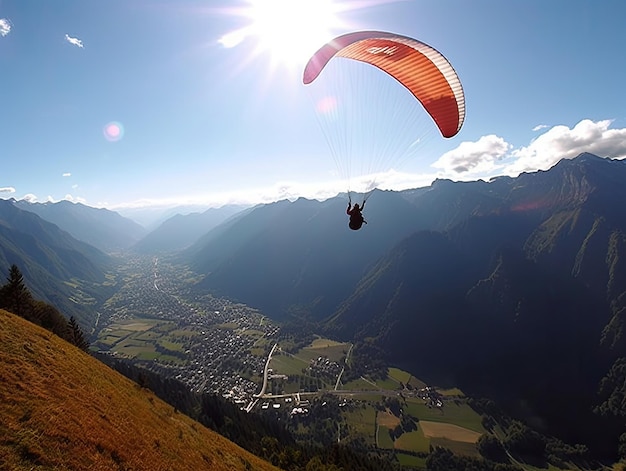 Una persona che fa parapendio in montagna con la parola parapendio sul lato.