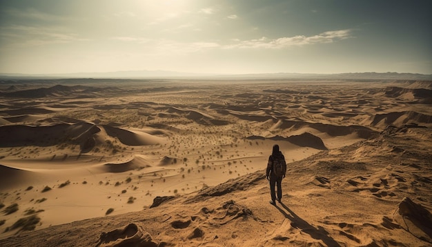 Una persona che fa un'escursione sulle maestose dune di sabbia al tramonto in Africa generata dall'intelligenza artificiale