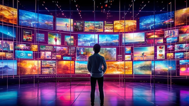 Una persona che guarda un video wall con immagini multimediali su diversi schermi televisivi AI generativa