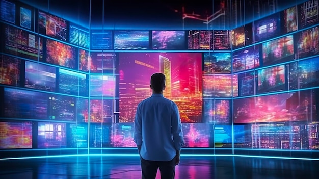 Una persona che guarda un video wall con immagini multimediali su diversi schermi televisivi IA generativa