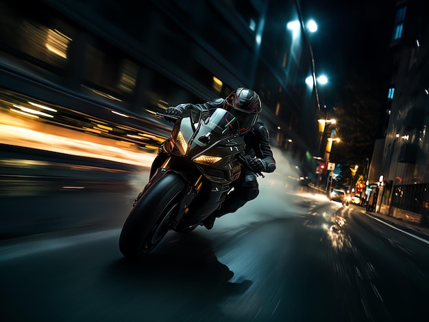 una persona che guida una motocicletta su una strada di notte
