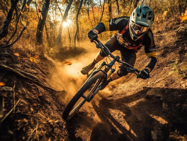 Una persona che guida una mountain bike su un sentiero nel bosco