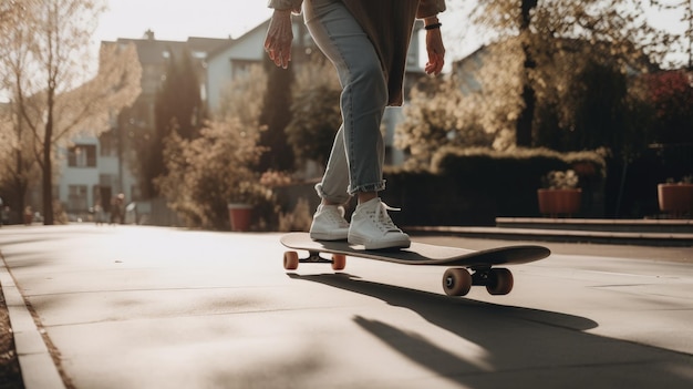 Una persona che guida uno skateboard lungo una strada IA generativa