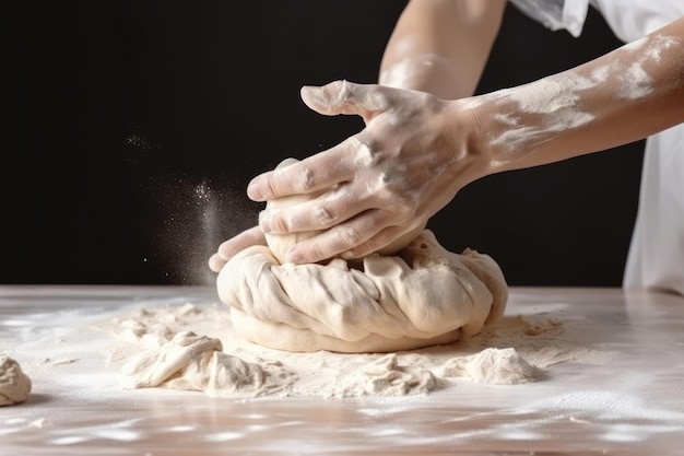 Una persona che impasta un impasto con la farina sul tavolo