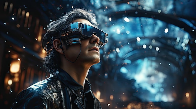 Una persona che indossa occhiali per realtà aumentata e interagisce con il mondo dell'arte 3d