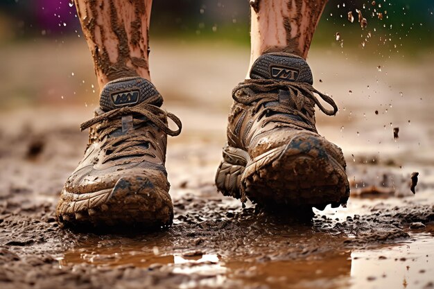 Una persona che indossa scarpe da trekking si trova in una pozzanghera con sopra la parola ag.