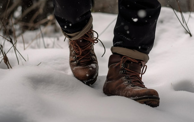 Una persona che indossa stivali marroni si trova nella neve.