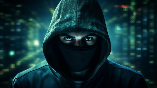 Una persona che indossa un cappuccio nero e una maschera con occhi blu luminosi di fronte a uno sfondo di scheda di circuito verde
