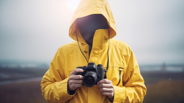 Una persona che indossa un impermeabile giallo con una macchina fotografica in testa.