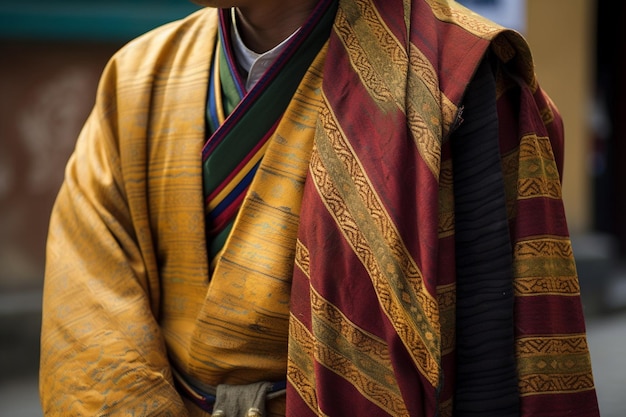 Una persona che indossa un kimono colorato con sopra la parola kanji.