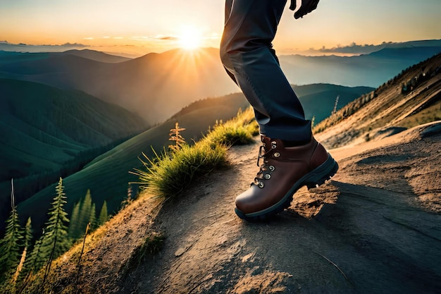 Una persona che indossa un paio di scarponcini da trekking si trova sulla cima di una montagna.