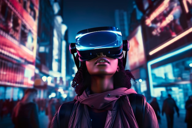 Una persona che indossa un visore per realtà virtuale che esplora il mondo metaverso della città del futuro