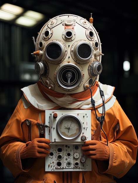 una persona che indossa una maschera di astronauta tiene in mano un orologio