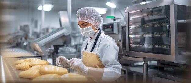 Una persona che indossa una maschera sta lavorando in una fabbrica di produzione di panetteria luce blu