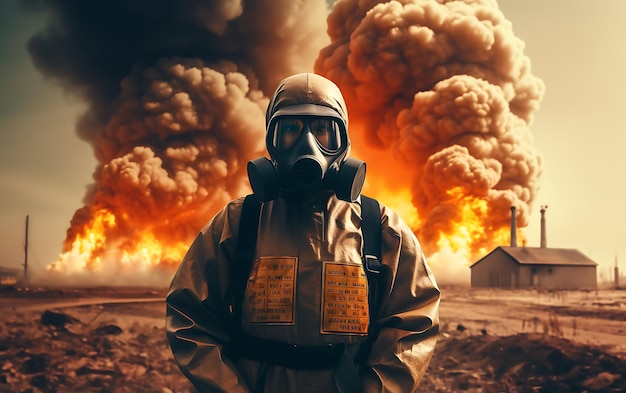 Una persona che indossa una tuta di protezione chimica contro le radiazioni con avvertimento radioattivo che maneggia sostanze chimiche