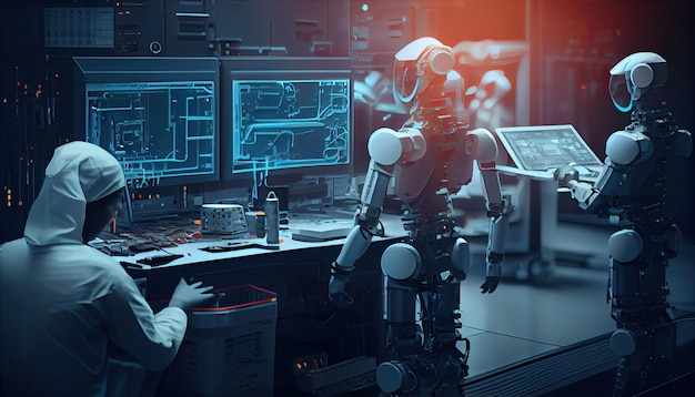 Una persona che lavora con i robot in una cyber room