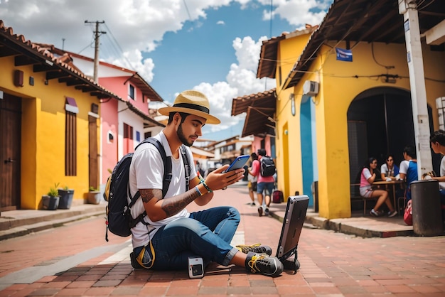 una persona che lavora con un laptop e utilizza un telefono in Colombia immagine creata da ai