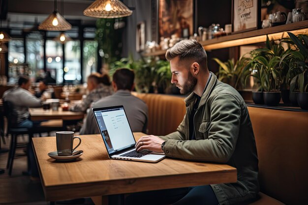 Una persona che lavora su un portatile in un caffè con una telecamera sul tavolo