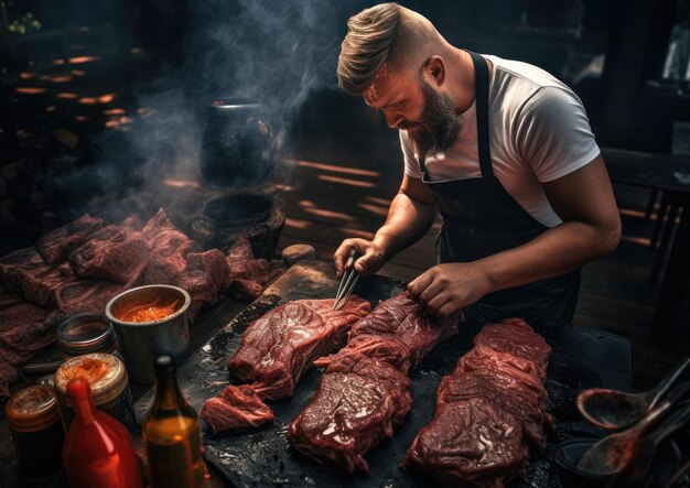 Una persona che marina la carne prima di grigliarla durante un barbecue