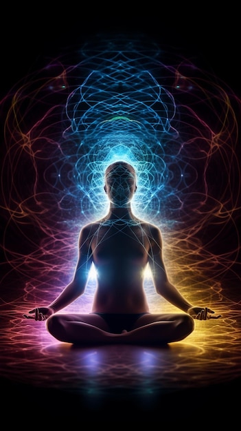 Una persona che medita davanti a un arcobaleno e a un'energia blu.