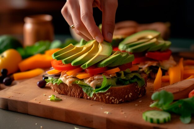 Una persona che mette l'avocado su un panino