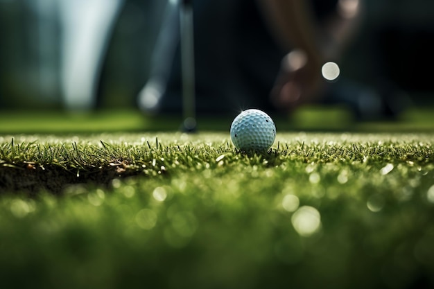 una persona che mette una pallina da golf nella buca durante il giorno su uno sfondo sfocato in stile bokeh