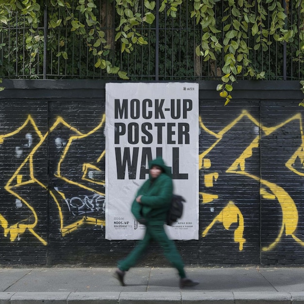 una persona che passa davanti a un muro con un poster che dice scarabocchiato su di esso