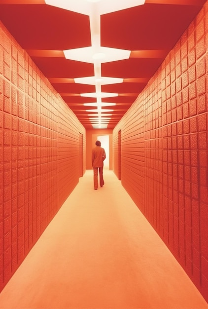 Una persona che percorre un lungo corridoio con pareti arancioni e una fila di luci.