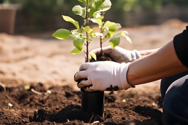 Una persona che pianta un albero in un giardino