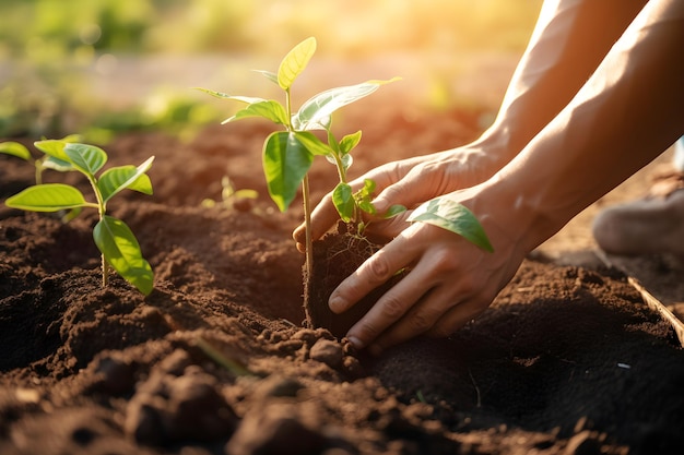 Una persona che pianta una piantina nel terreno