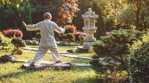 Una persona che pratica il tai chi in un giardino tranquillo che promuove l'equilibrio e l'armonia