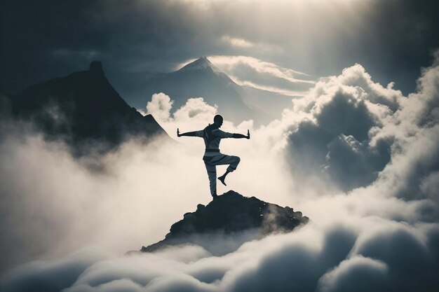 Una persona che pratica yoga in cima a una montagna AI