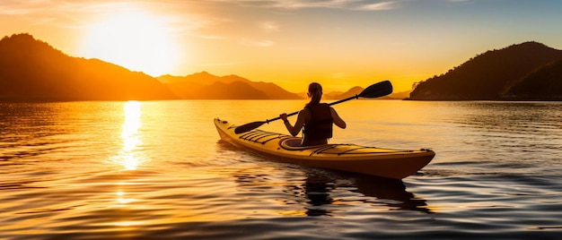 una persona che rema in kayak su un lago al tramonto