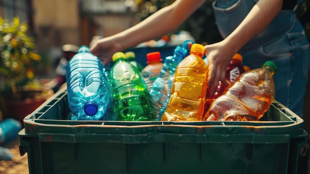 Una persona che ricicla bottiglie di plastica in un bidone per il riciclaggio