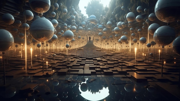 Una persona che sale una scala in un labirinto con molte sfere Generative AI Art
