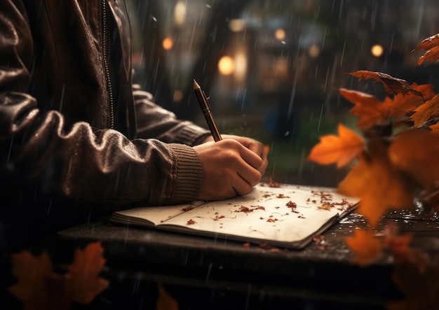 Una persona che scrive in un diario mentre ascolta la pioggia autunnale