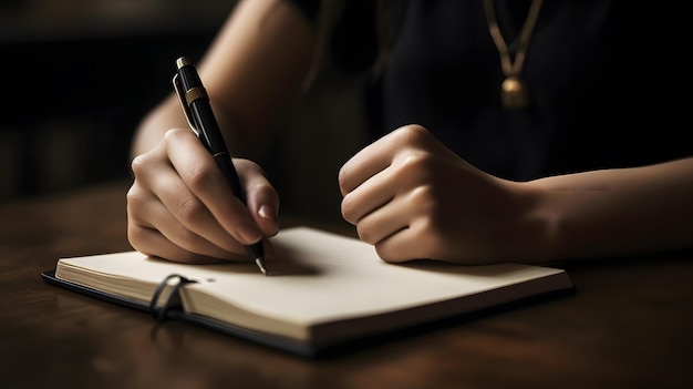 Una persona che scrive su un taccuino con una penna.