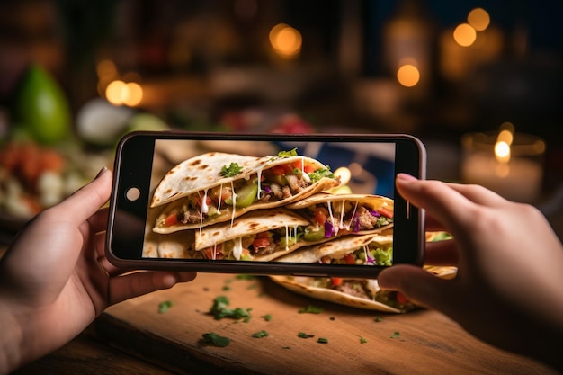 Una persona che si fa un selfie con un piatto di quesadilla