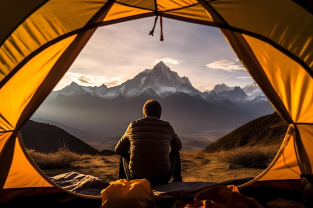 Una persona che si gode la vista di una catena montuosa panoramica da una tenda IA generativa