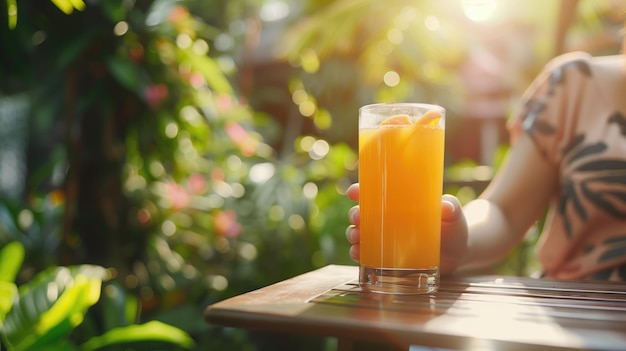 Una persona che si gode un bicchiere rinfrescante di succo d'arancia all'aperto illuminata dalla luce del sole mattutino