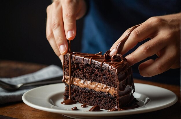 Una persona che si gode una fetta di cioccolato